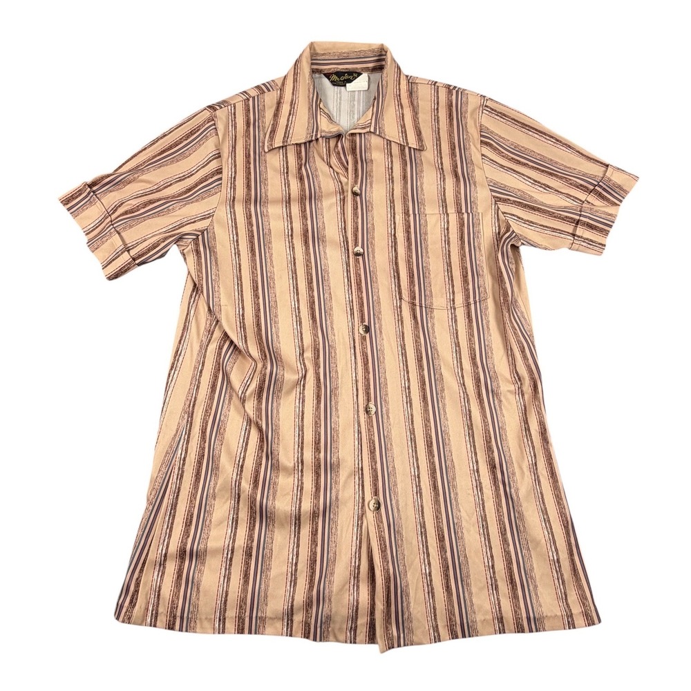 Mr Jan Button Up Shirt Mens Medium Tan Striped Vintage 70s Short Sleeve Disco